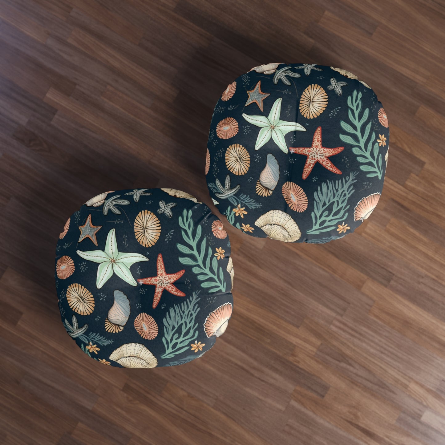 Seashells & Starfish Marine-Inspired Pattern Tufted Floor Pillow, Round