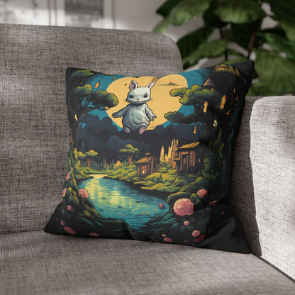 White Rabbit Mystery Psychedelic Fantasy Anime Cartoon Bunny - Spun Polyester Square Pillow Case