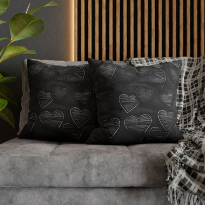 Black: Distressed Denim-Inspired Fabric Heart Embroidery Design - Spun Polyester Square Pillow Case