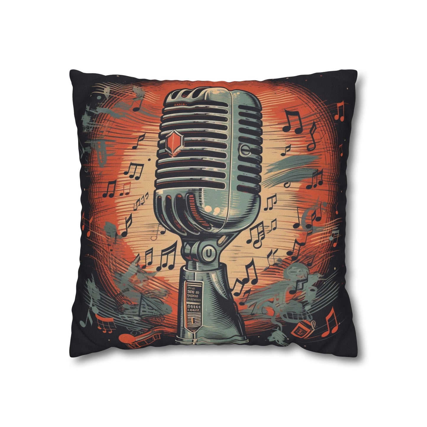 Retro Microphone & Music Notes - Vintage Style Design Spun Polyester Square Pillow Case