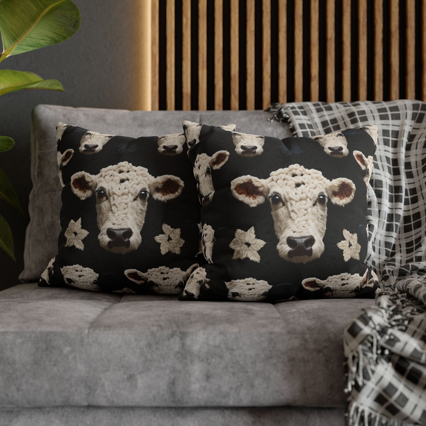 Crochet Cow Pattern Farm Animal Fabric Style - Spun Polyester Square Pillow Case