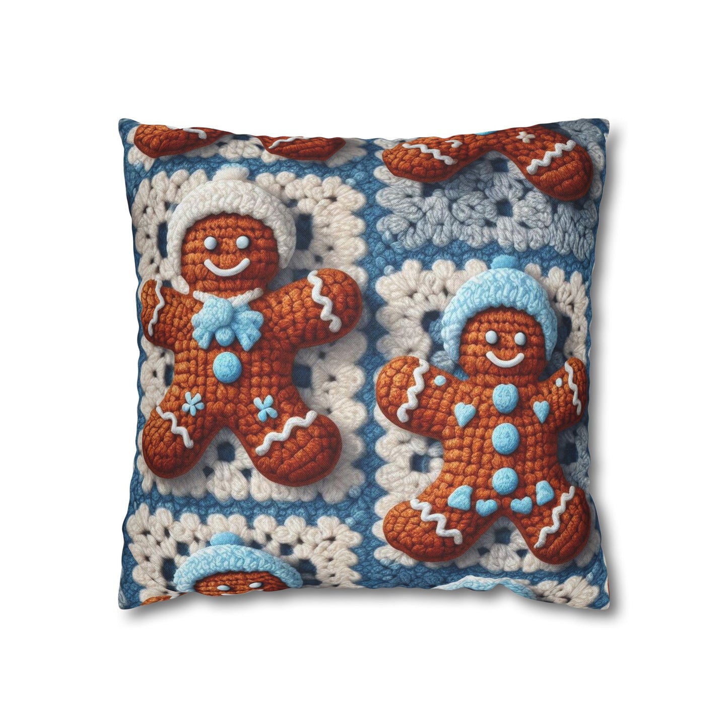 Winter Cheer: Charming Crocheted Gingerbread Christmas Friends Adorned with Snowy Hats and Sweet Smiles - Spun Polyester Square Pillow Case