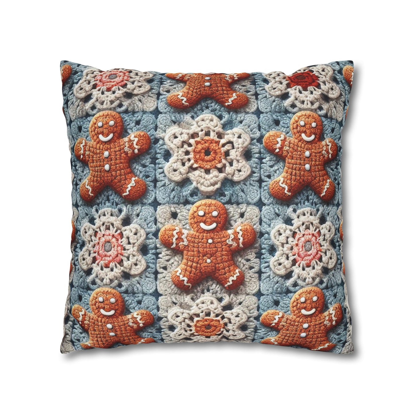 Christmas Holiday Delight: Crocheted Gingerbread Smile Pattern with Lace Snowflakes - Spun Polyester Square Pillow Case