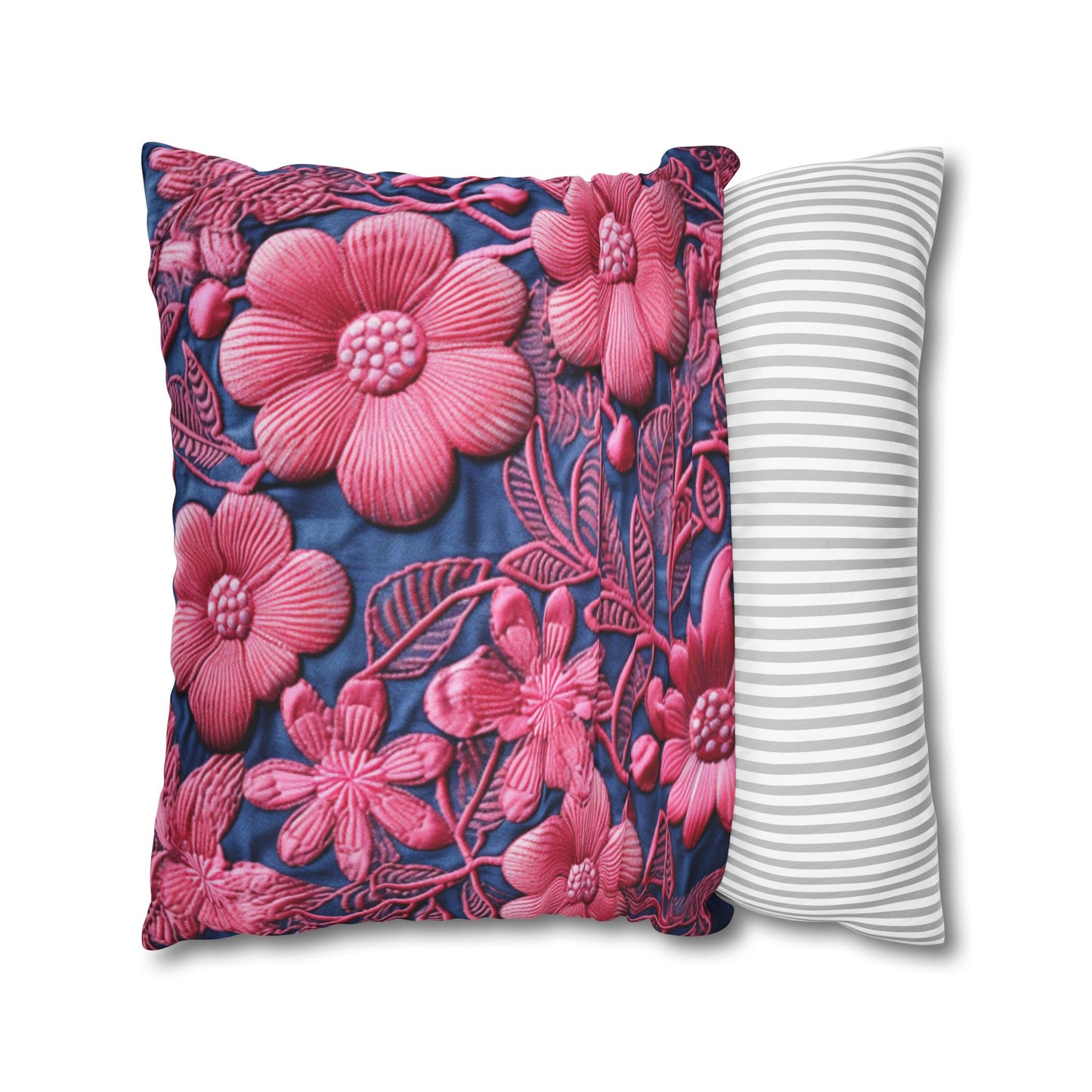 Denim Blue Doll Pink Floral Embroidery Style Fabric Flowers - Spun Polyester Square Pillow Case