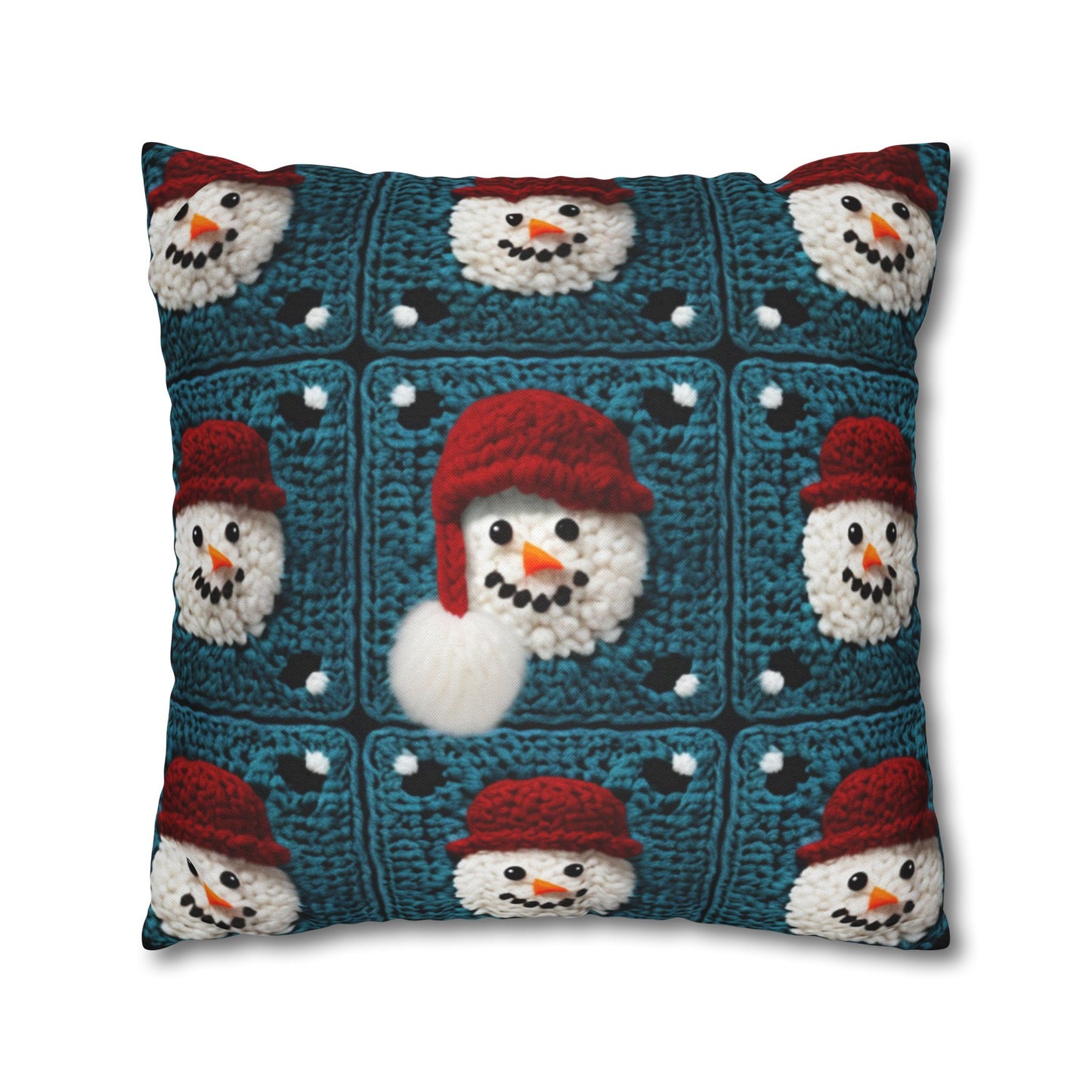 Snowman Crochet Craft, Festive Yuletide Cheer, Winter Wonderland - Spun Polyester Square Pillow Case