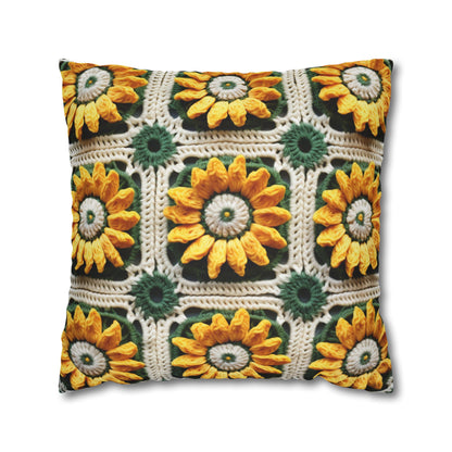 Sunflower Crochet Elegance, Granny Square Design, Radiant Floral Motif. Bring the Warmth of Sunflowers to Your Space - Spun Polyester Square Pillow Case