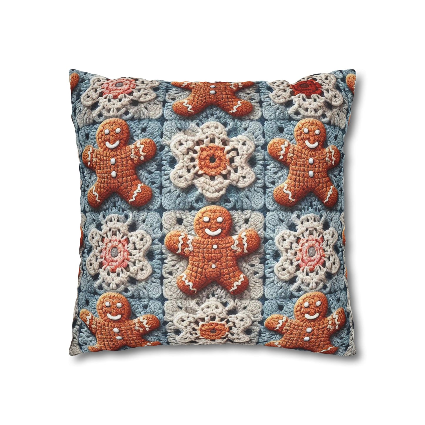 Christmas Holiday Delight: Crocheted Gingerbread Smile Pattern with Lace Snowflakes - Spun Polyester Square Pillow Case