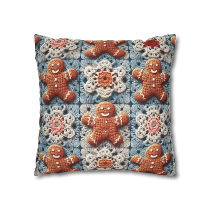 Christmas Holiday Delight: Crocheted Gingerbread Smile Pattern with Lace Snowflakes - Spun Polyester Square Pillow Case