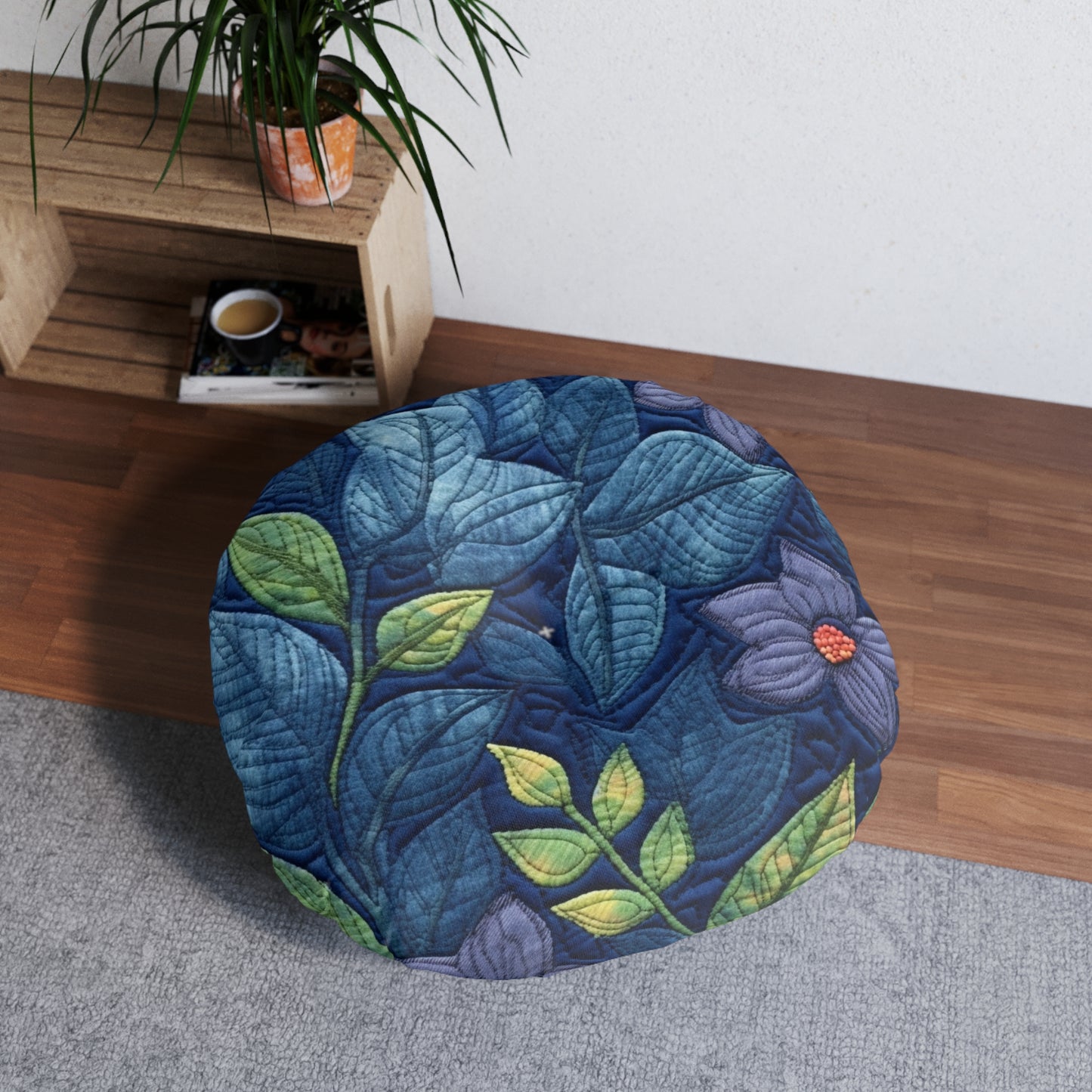 Floral Embroidery Blue: Denim-Inspired, Artisan-Crafted Flower Design - Tufted Floor Pillow, Round