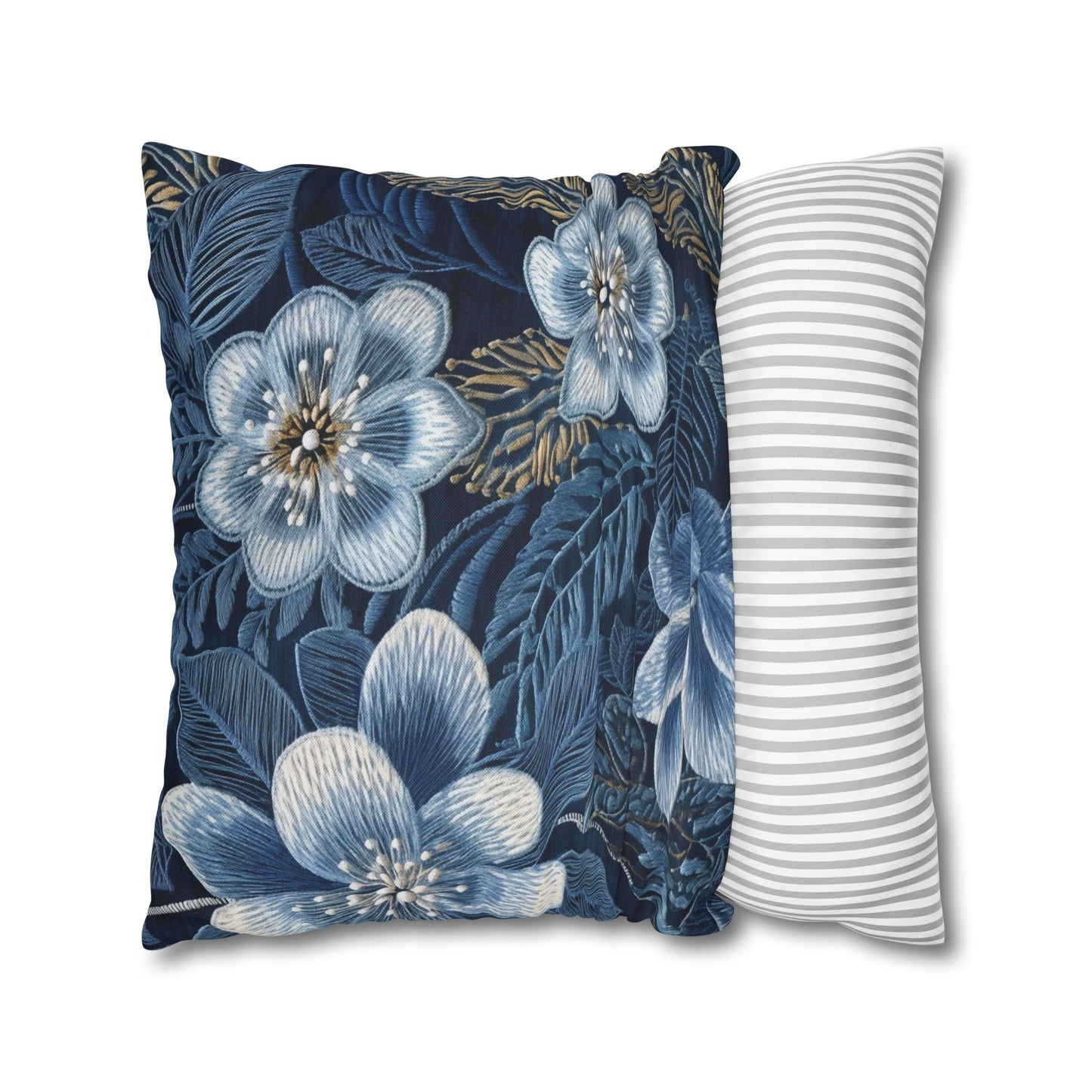 Flower Blossom Embroidery Floral on Denim Style - Spun Polyester Square Pillow Case