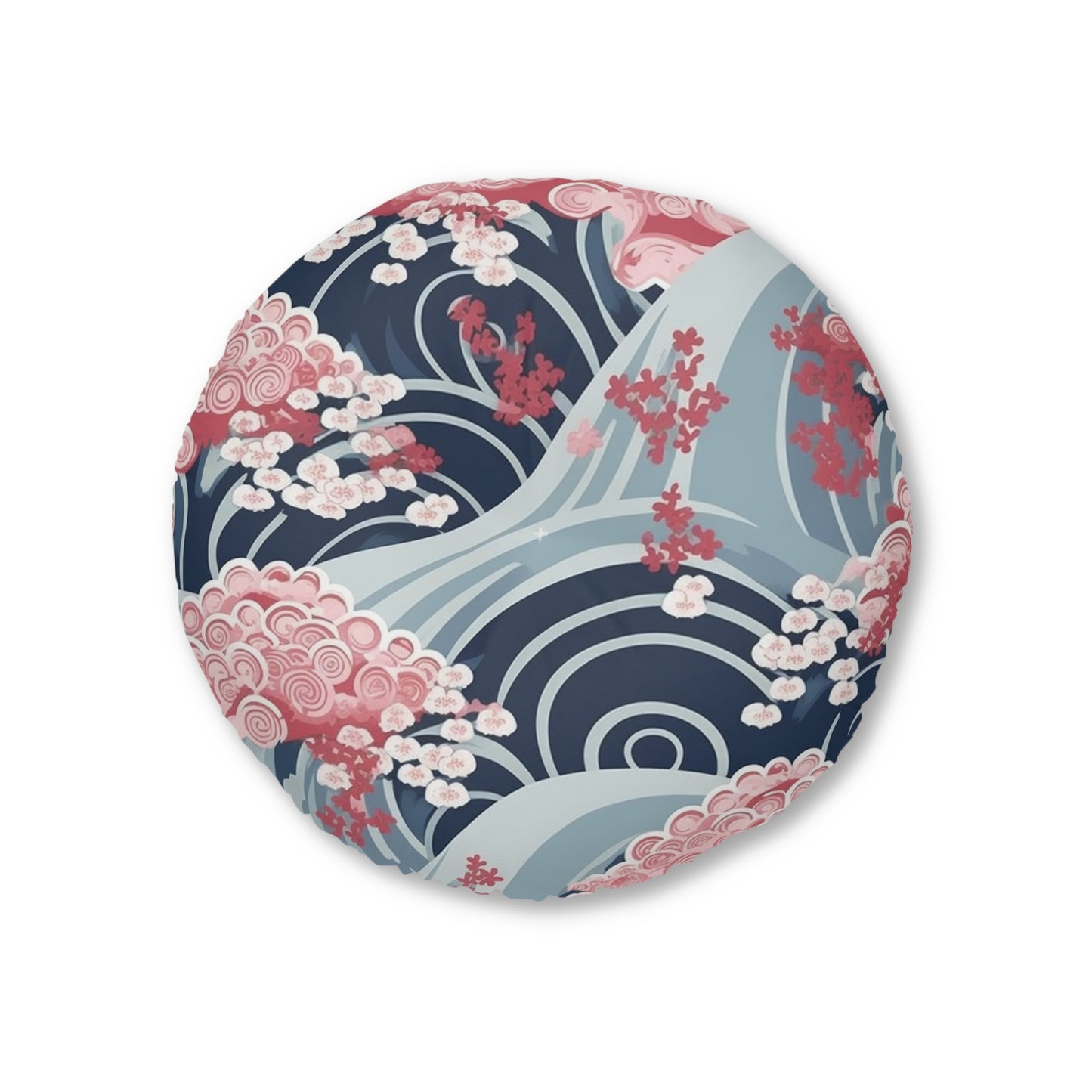 Japanese Minimalist Waves & Cherry Blossoms Pattern Tufted Floor Pillow, Round