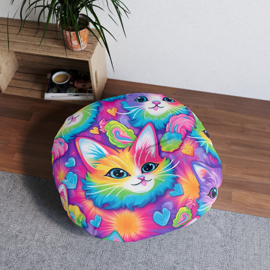 Happy Kitten & Cat Design - Vivid, Colorful & Eye-Catching - Tufted Floor Pillow, Round