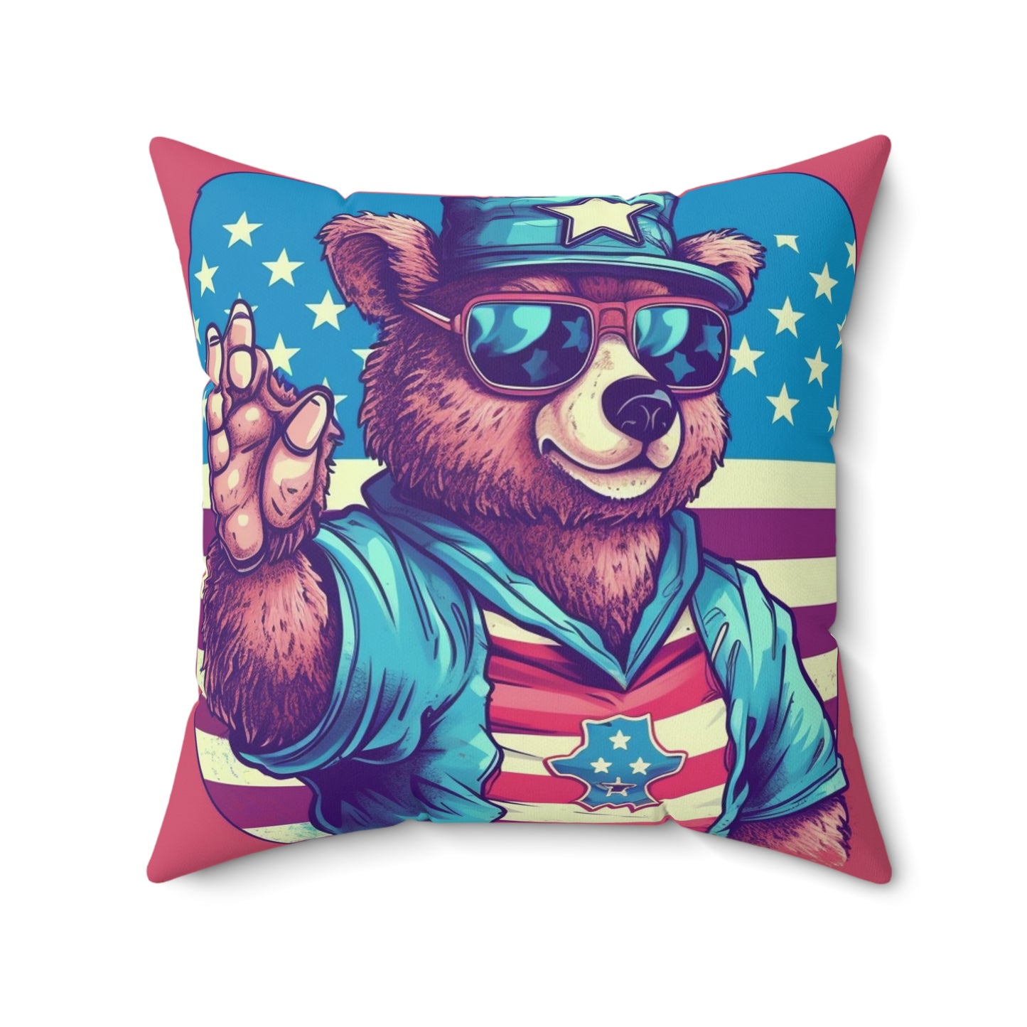 American Bear USA Flag Patriotic 4th of July Style Spun Polyester Square Pillow