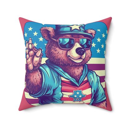 American Bear USA Flag Patriotic 4th of July Style Spun Polyester Square Pillow