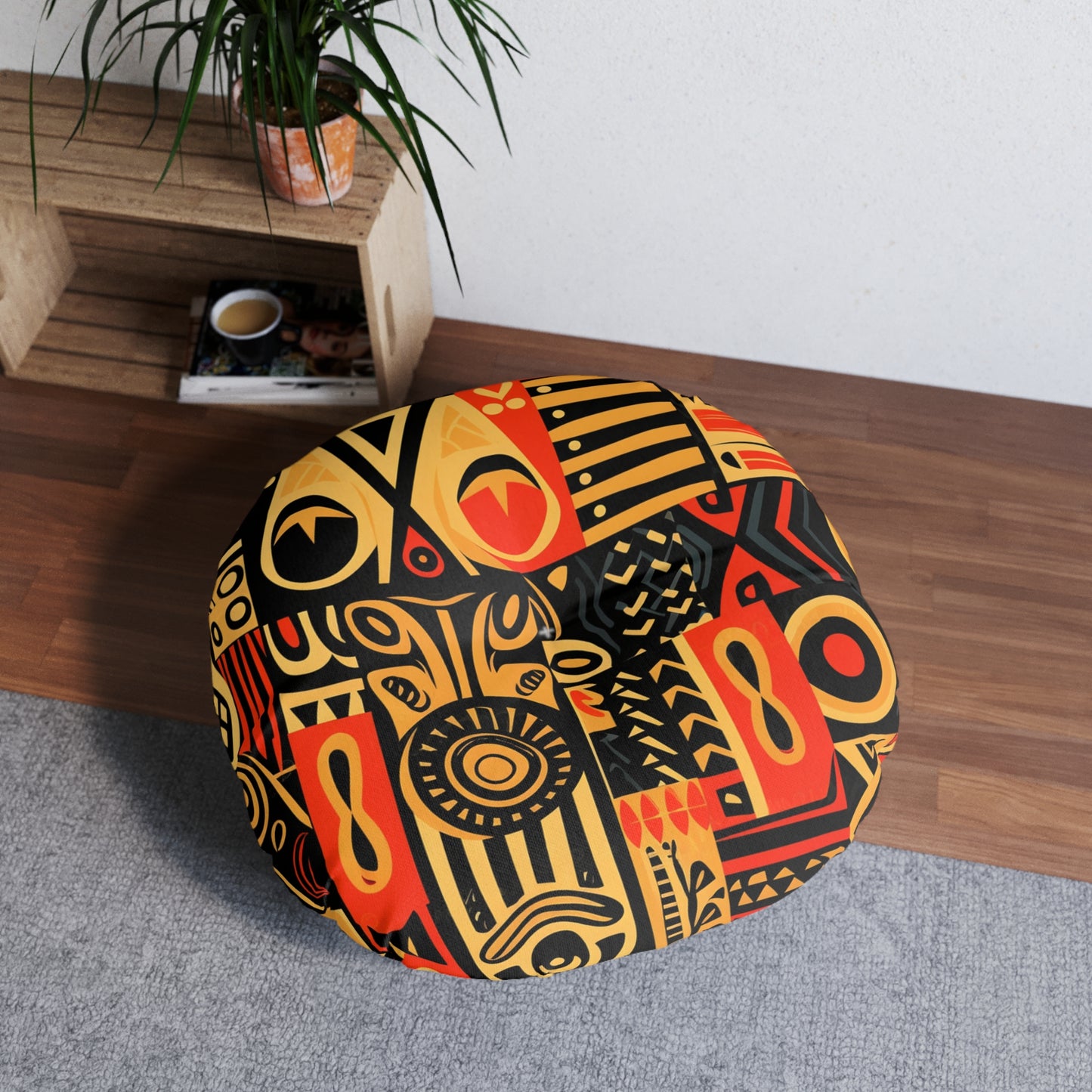 Tribal Art-Inspired Abstract Symbols, Heritage - Tufted Floor Pillow, Round