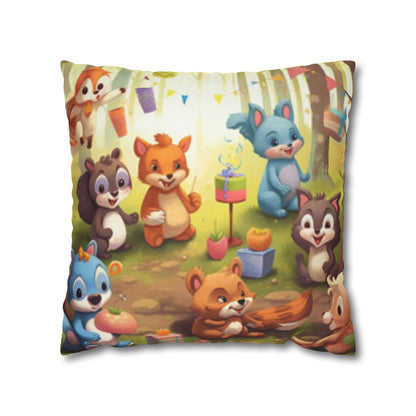 Nursery Art - Cartoon Forest Animals Party Design Spun Polyester Square Pillow Case