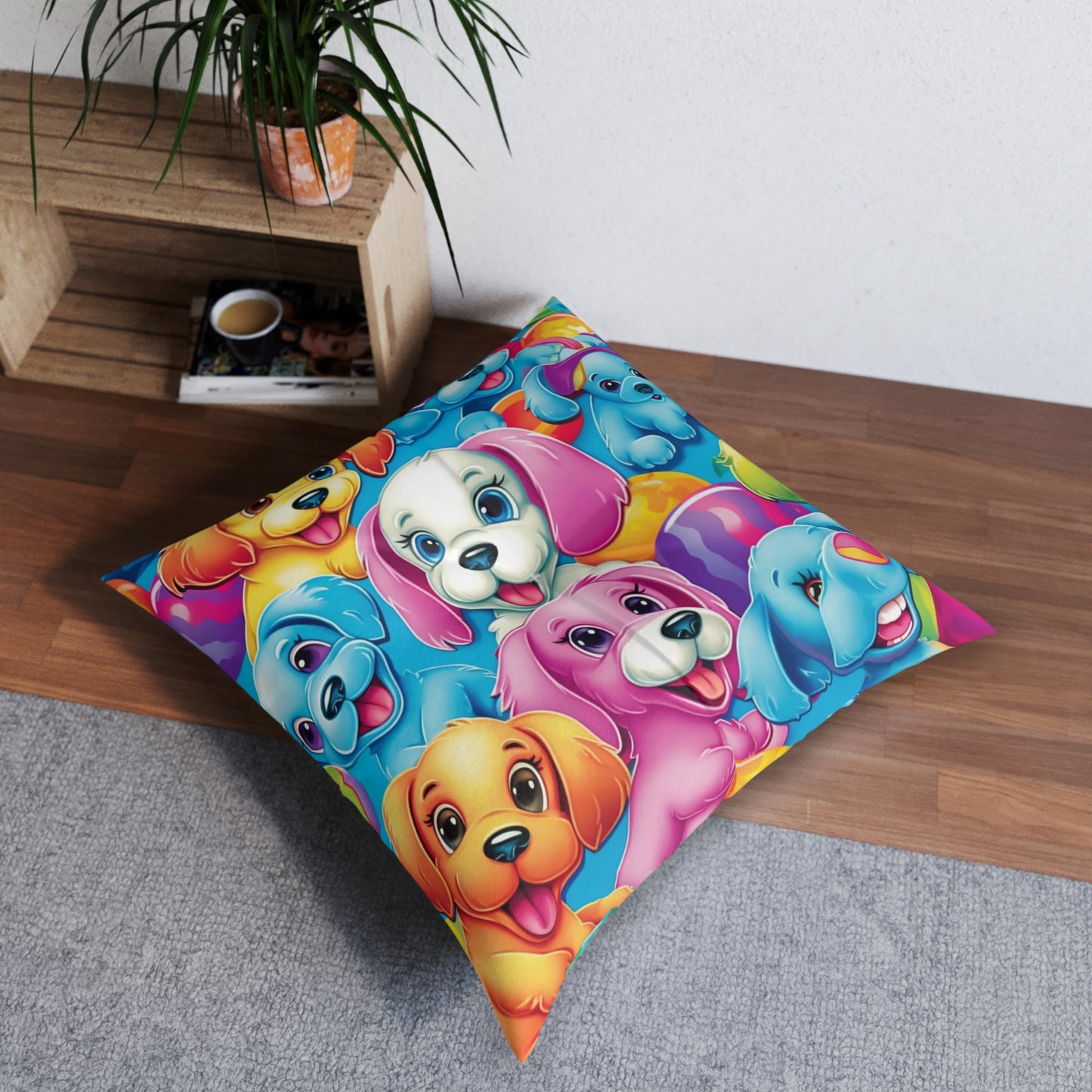 Happy Puppy & Dog Design - Vivid and Eye-Catching - Tufted Floor Pillow, Square