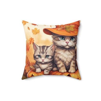 Kitty Cat Kittens Halloween - Cute Furries on Pumpkin - Festive Feline Decor - Spun Polyester Square Pillow