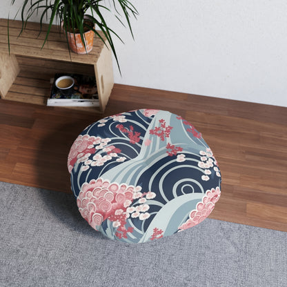 Japanese Minimalist Waves & Cherry Blossoms Pattern Tufted Floor Pillow, Round