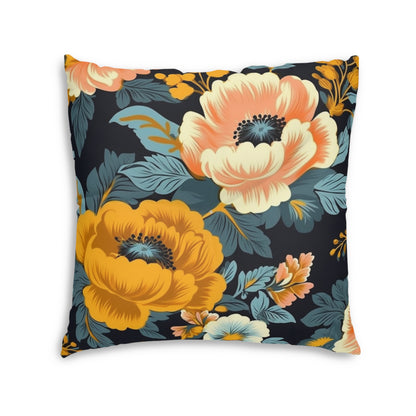 Vintage 50s 60s Inspired High-Waisted Floral Flower Pattern Tufted Floor Pillow, Square