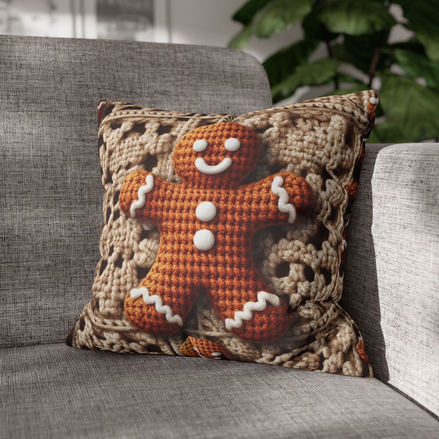 Rustic Gingerbread Delights: Christmas Crochet Gingerbread Men on Classic Beige Granny Squares - Spun Polyester Square Pillow Case