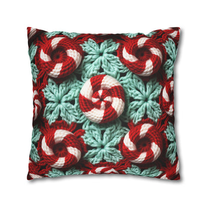 Christmas Crochet Candy Cane - Pepper Red Crystal White Holiday Pattern - Spun Polyester Square Pillow Case