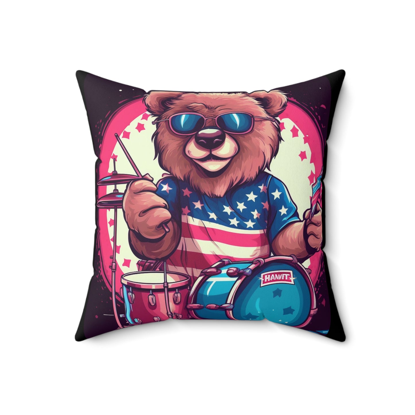 Drumroll for Freedom: Celebrate 4th of July with the Patriotic Bear's Rhythms Spun Polyester Square Pillow