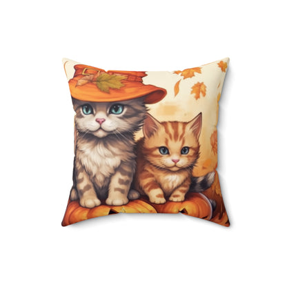 Kitty Cat Kittens Halloween - Cute Furries on Pumpkin - Festive Feline Decor - Spun Polyester Square Pillow