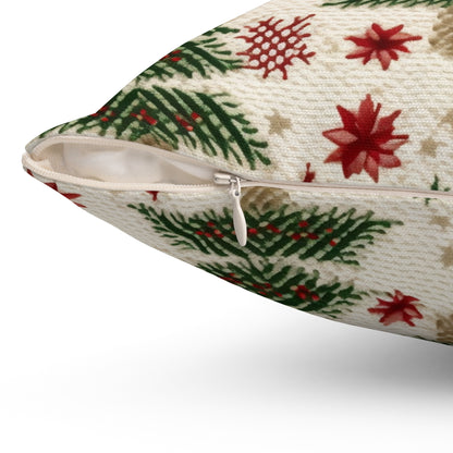 Embroidered Christmas Winter, Festive Holiday Stitching, Classic Seasonal Design - Spun Polyester Square Pillow