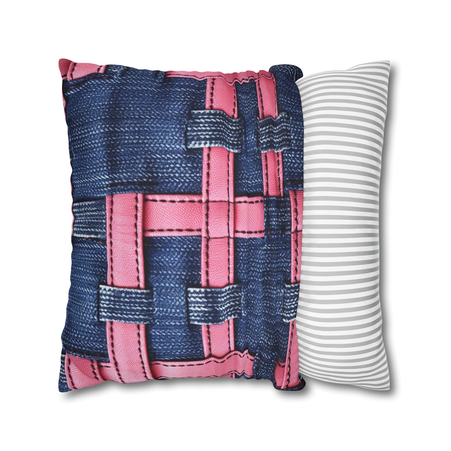 Candy-Striped Crossover: Pink Denim Ribbons Dancing on Blue Stage - Spun Polyester Square Pillow Case