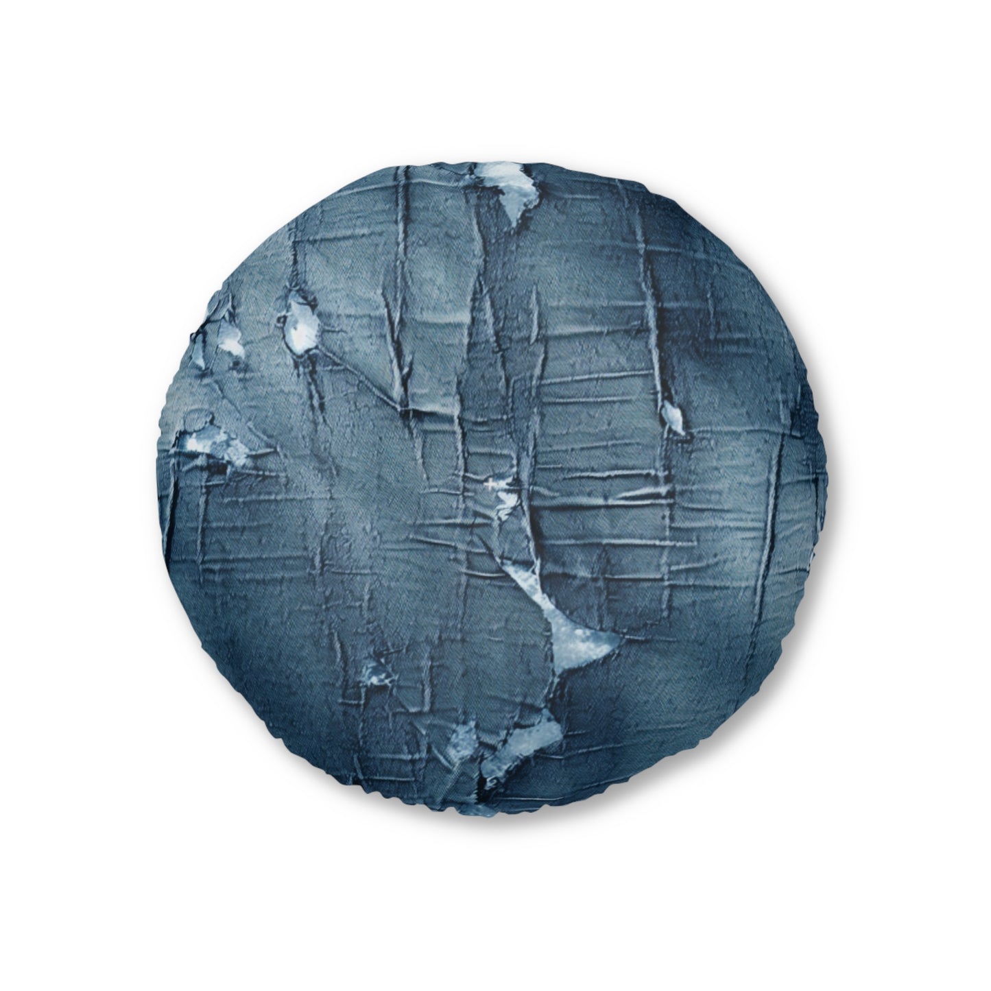 Distressed Blue Denim-Look: Edgy, Torn Fabric Design - Tufted Floor Pillow, Round