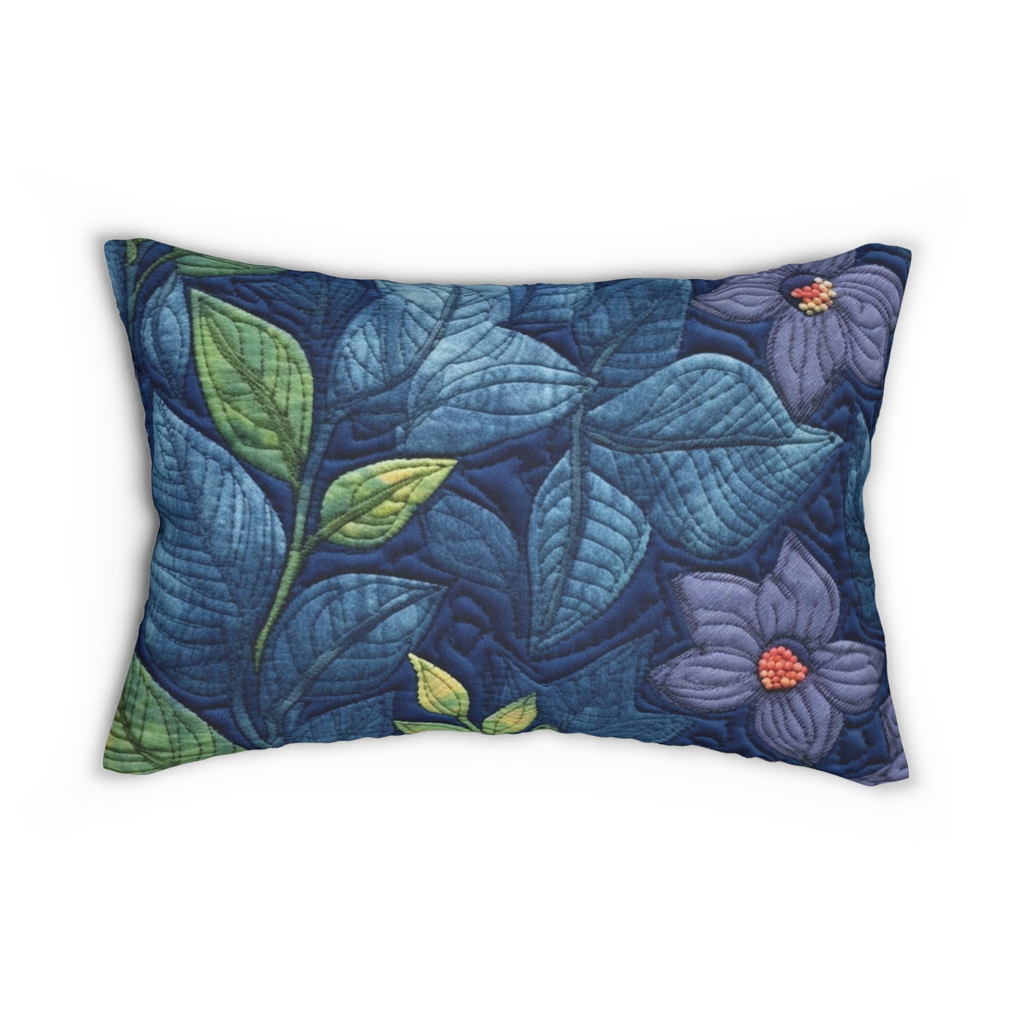 Floral Embroidery Blue: Denim-Inspired, Artisan-Crafted Flower Design - Spun Polyester Lumbar Pillow