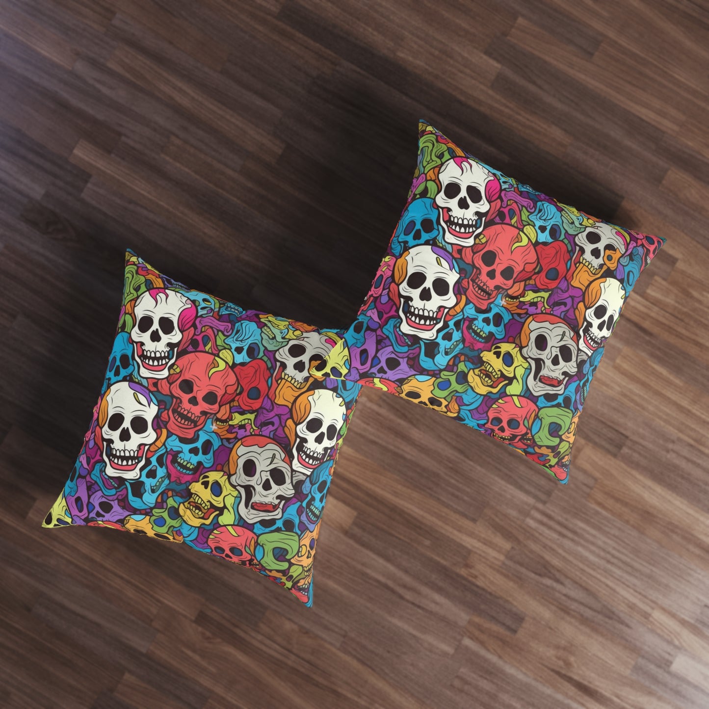 Psychedelic Rainbow Skull Head Pattern, Vibrant Colors - Tufted Floor Pillow, Square