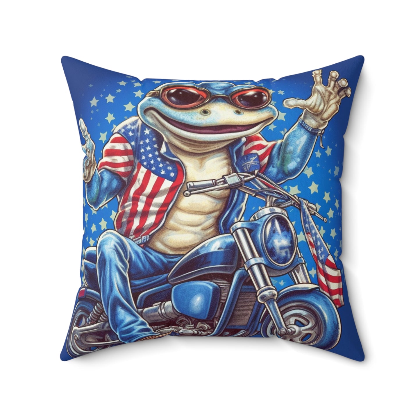 Frog Motorcycle Rider 4th of July USA Patriotic American Graphic Spun Polyester Square Pillow