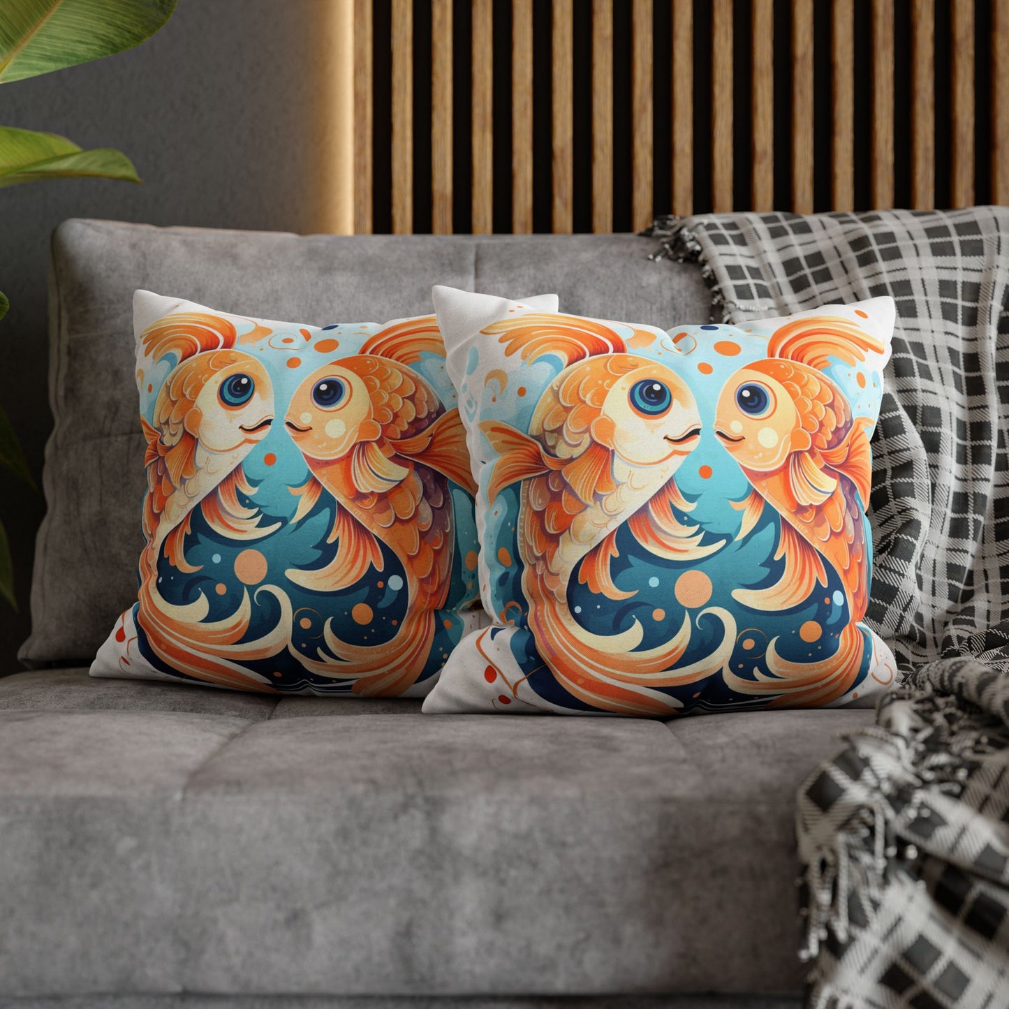 Charming Cartoon Fish Pisces - Dreamy Zodiac Illustration - Spun Polyester Square Pillow Case