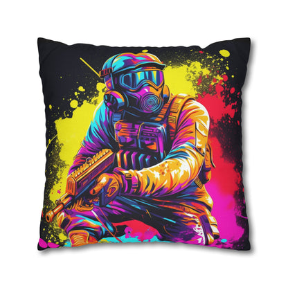 Paintball Action Sport: Player in Battle, Paint Splatter - Spun Polyester Square Pillow Case