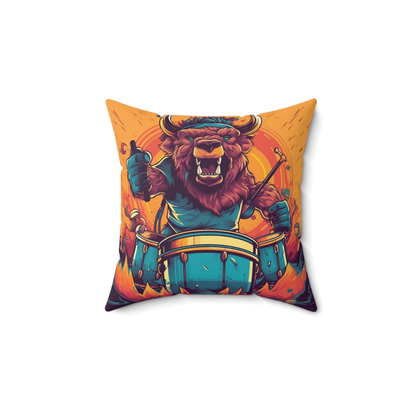 American Bison Drum Player Musician Graphic Spun Polyester Square Pillow