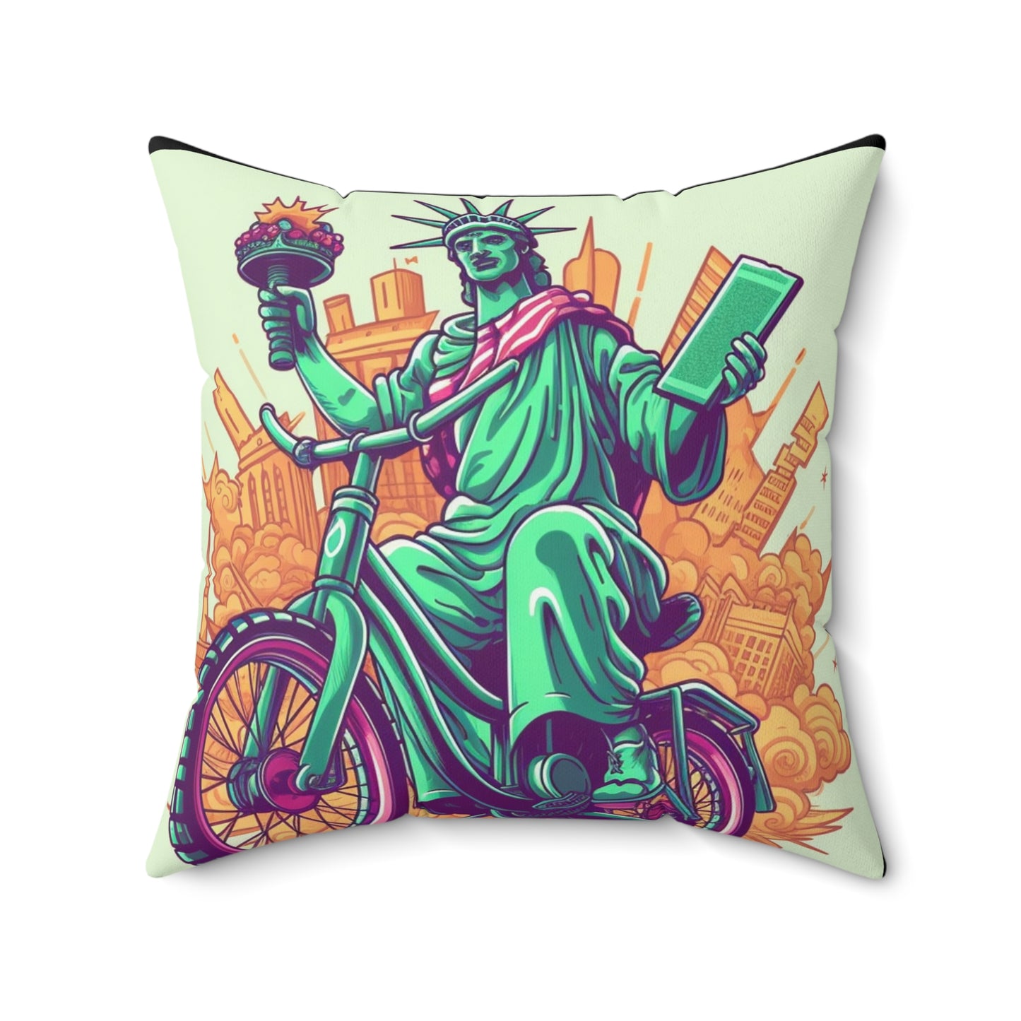 Statue of Liberty Cyclist Bike Rider American Graphic Spun Polyester Square Pillow