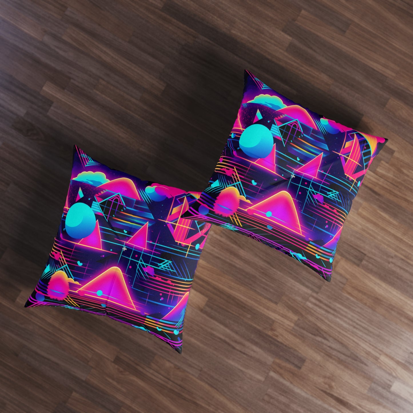 80s Synthwave Retro-Futuristic Inspired Pattern Design Tufted Floor Pillow, Square