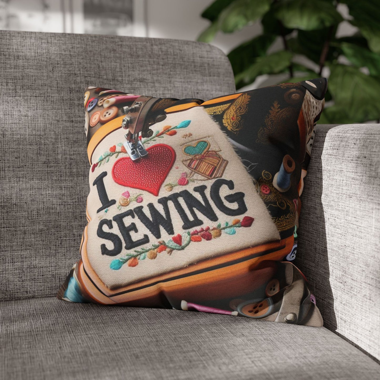 Sewing Machine, I Love Sewing Embroidery, Tailor Workshop - Spun Polyester Square Pillow Case