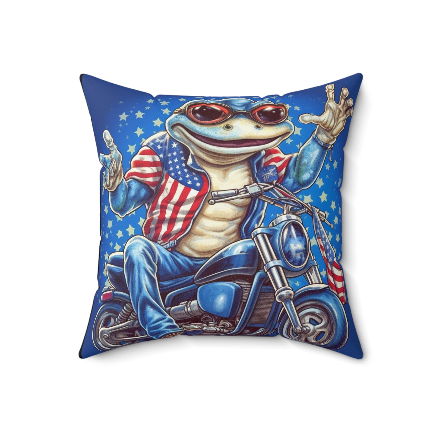 Frog Motorcycle Rider 4th of July USA Patriotic American Graphic Spun Polyester Square Pillow