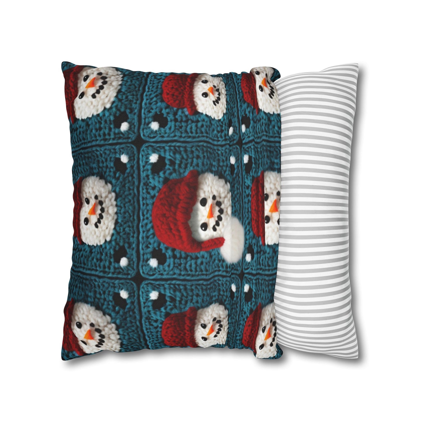 Snowman Crochet Craft, Festive Yuletide Cheer, Winter Wonderland - Spun Polyester Square Pillow Case