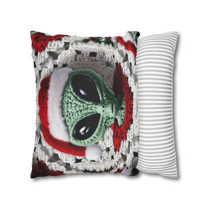 Santa's Cosmic Secret: Jolly Green Christmas Extraterrestrial with Festive Attire Crochet Art - Spun Polyester Square Pillow Case