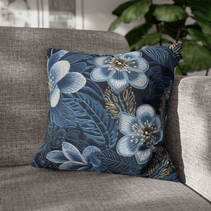 Flower Blossom Embroidery Floral on Denim Style - Spun Polyester Square Pillow Case