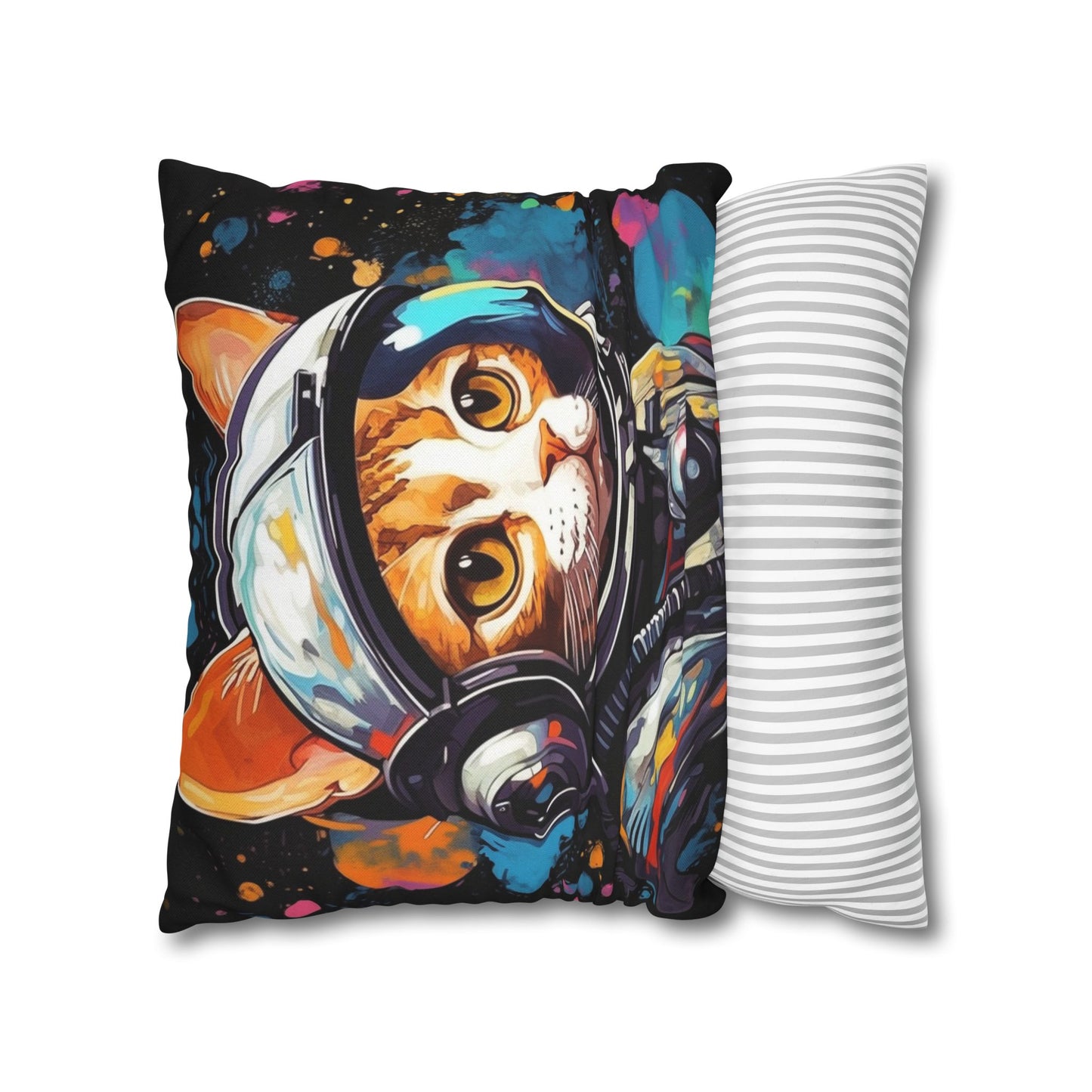 Astro Cat Adventure Feline - Pop Art, Floating in Cosmic Space - Spun Polyester Square Pillow Case