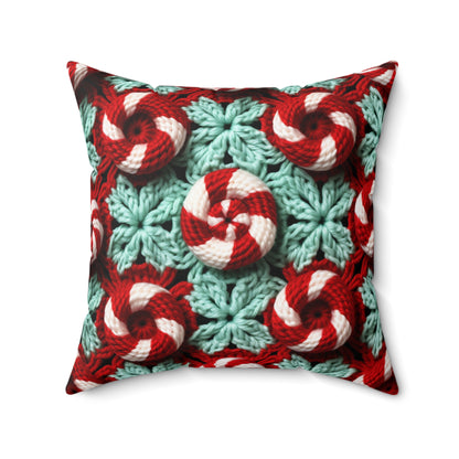 Christmas Crochet Candy Cane - Pepper Red Crystal White Holiday Pattern - Spun Polyester Square Pillow