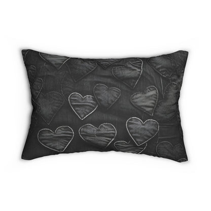 Black: Distressed Denim-Inspired Fabric Heart Embroidery Design - Spun Polyester Lumbar Pillow