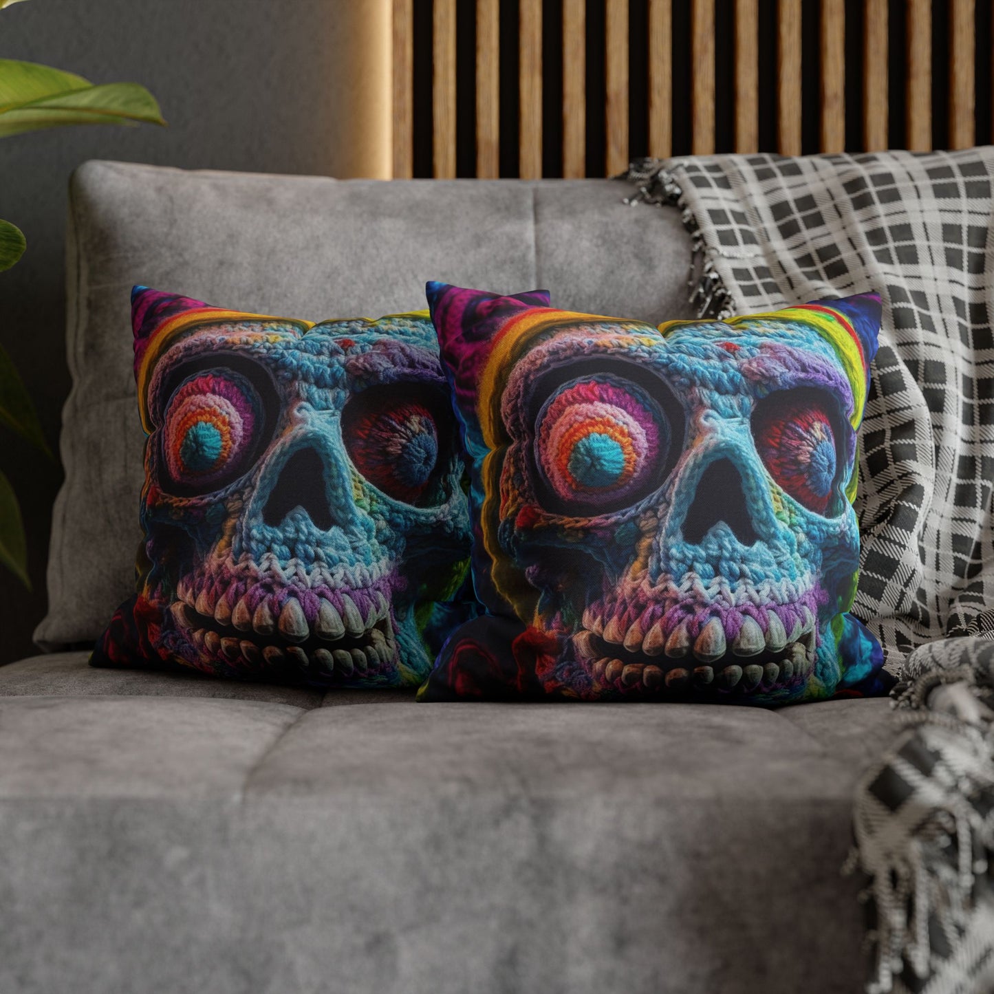 Crochet Skull Halloween Scary Horror Design - Spun Polyester Square Pillow Case