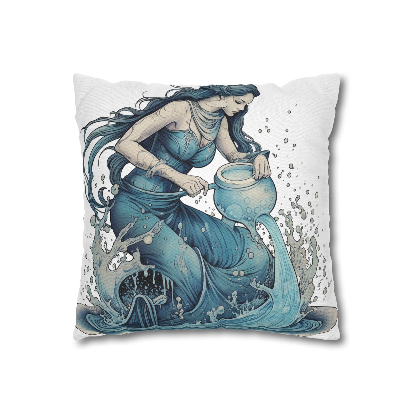 Aquarius Zodiac Symbol - Girl Pouring Water, Hand-Drawn Style - Spun Polyester Square Pillow Case