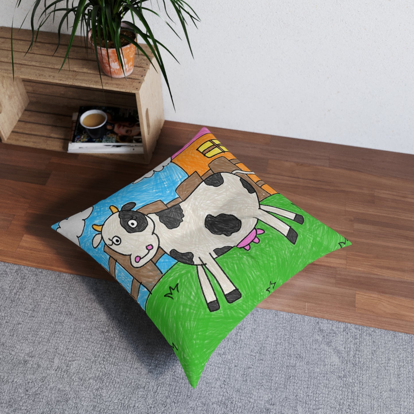 Cow Moo Farm Barn Animal Character Tufted Floor Pillow, Square